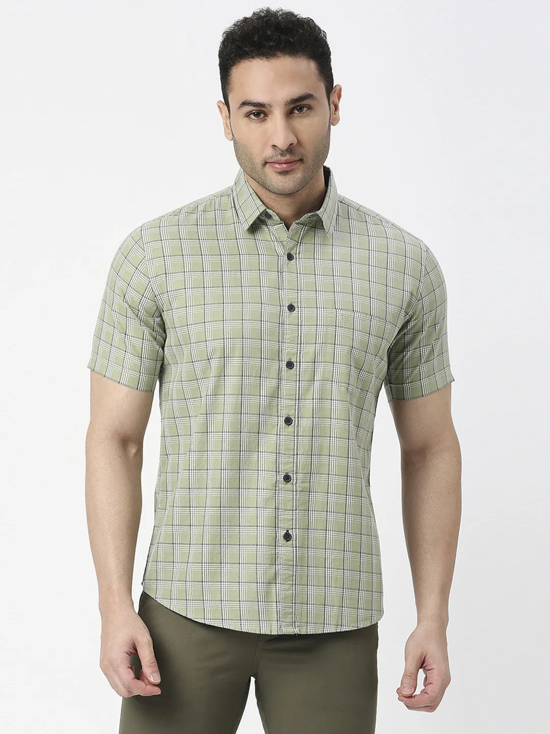 Green Half Sleeves Twill Checked Shirt With Pocket