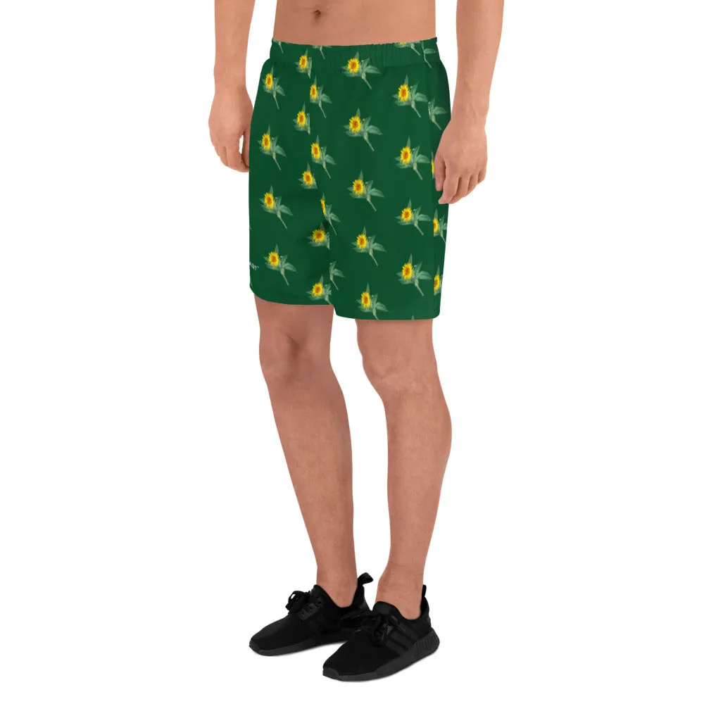 Green Sunflower Men's Shorts, Floral Sunflower Print Premium Athletic Long Running Basketball Style Shorts For Men- Made in Europe
