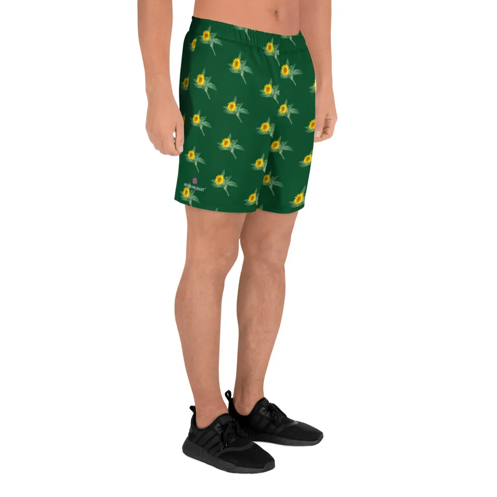 Green Sunflower Men's Shorts, Floral Sunflower Print Premium Athletic Long Running Basketball Style Shorts For Men- Made in Europe