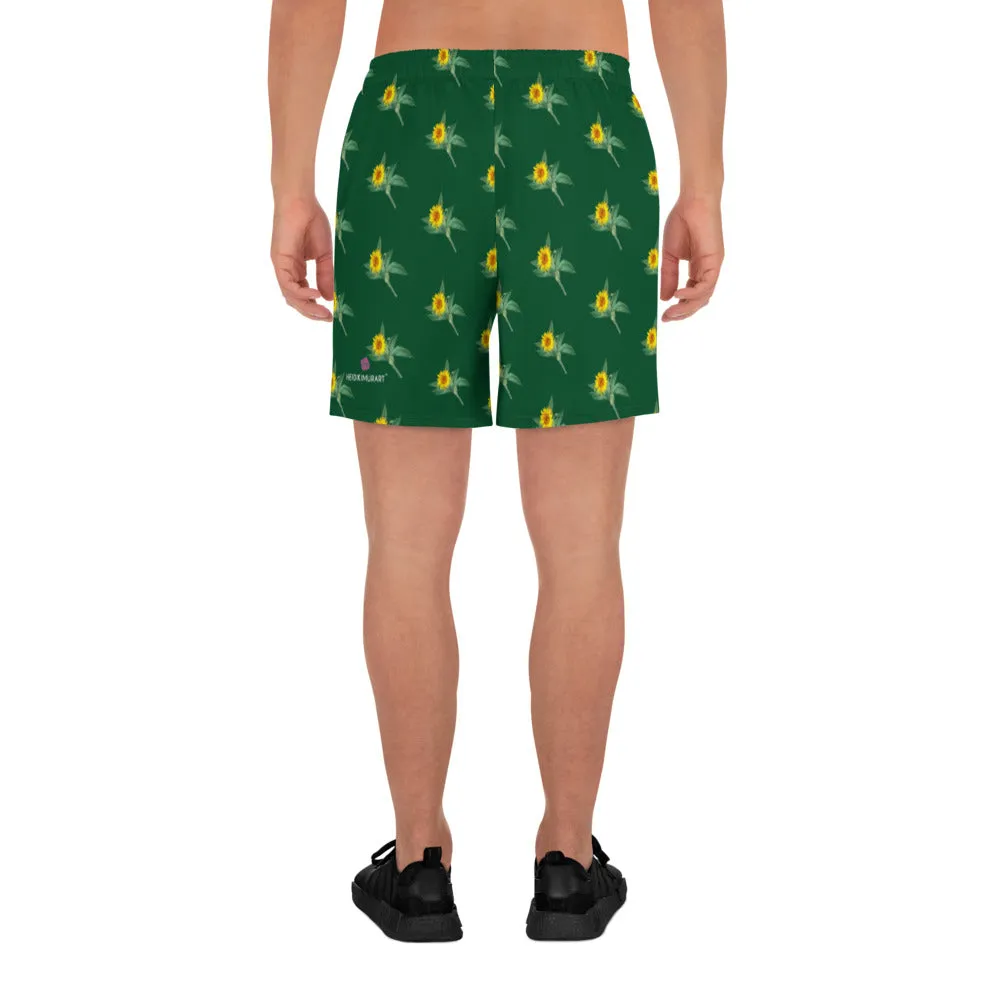 Green Sunflower Men's Shorts, Floral Sunflower Print Premium Athletic Long Running Basketball Style Shorts For Men- Made in Europe