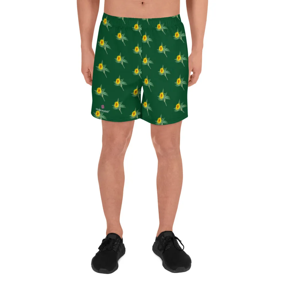 Green Sunflower Men's Shorts, Floral Sunflower Print Premium Athletic Long Running Basketball Style Shorts For Men- Made in Europe