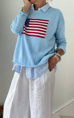 Light Blue American Flag Cotton Sweater