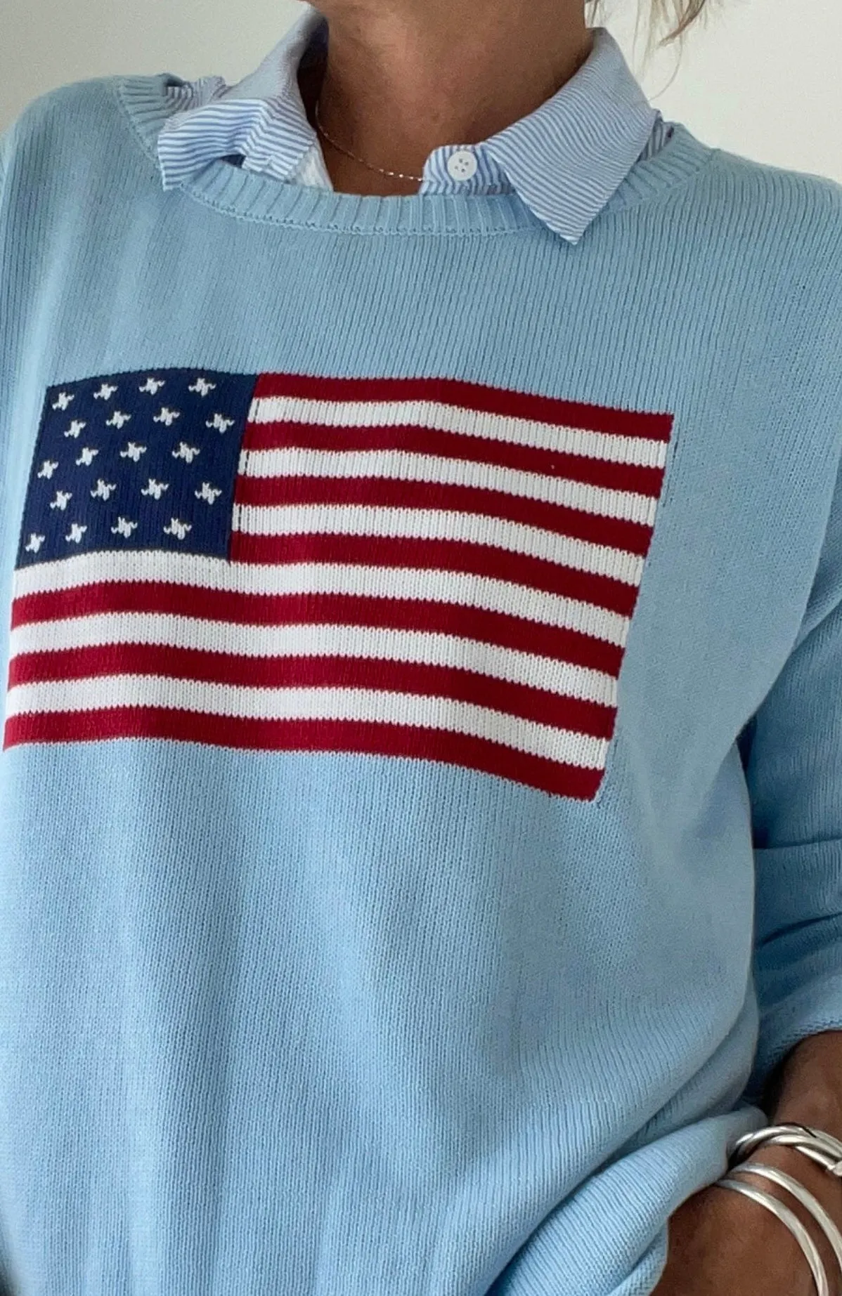 Light Blue American Flag Cotton Sweater