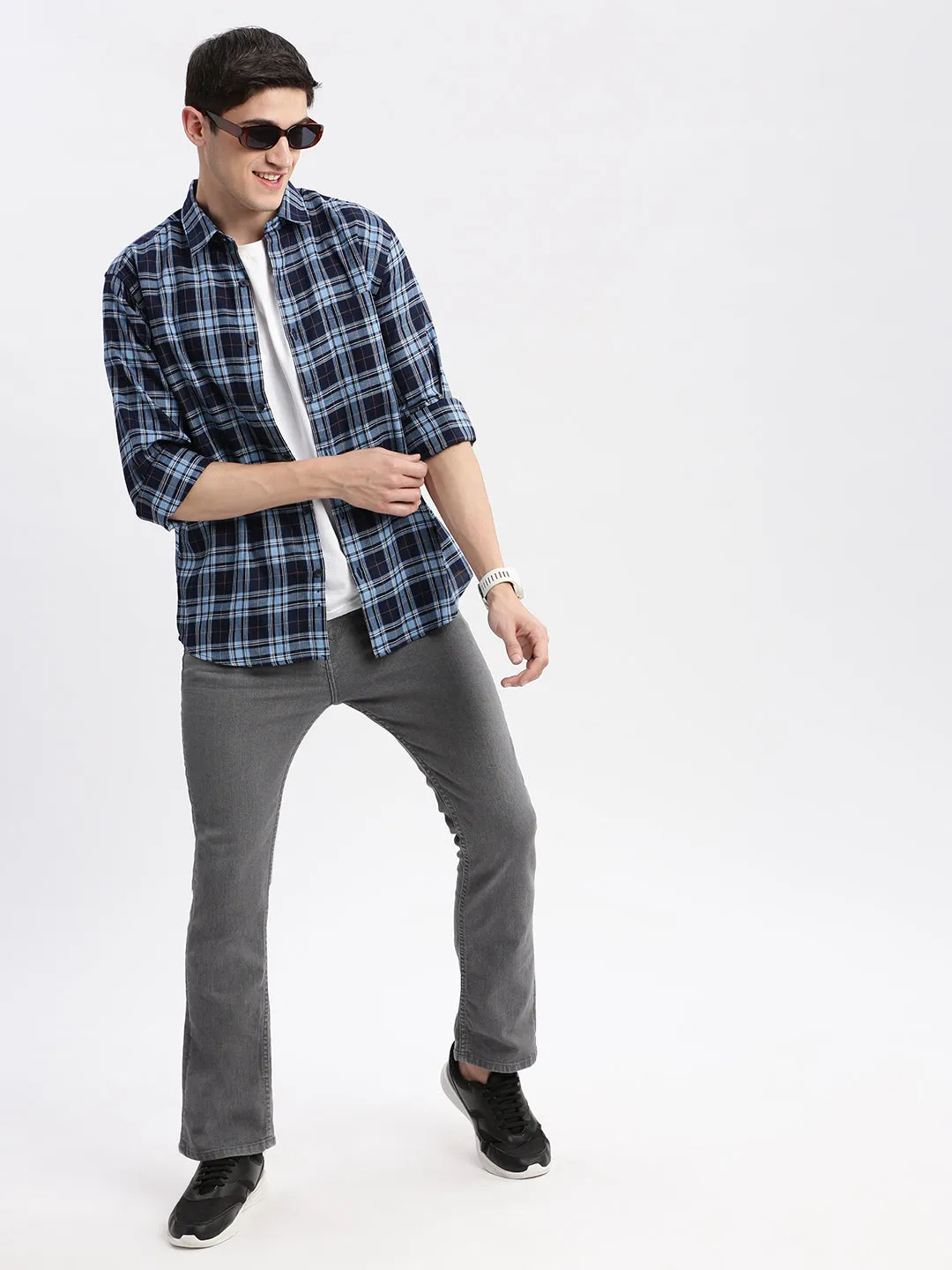 Men Spread Collar Tartan Checks Blue Shirt