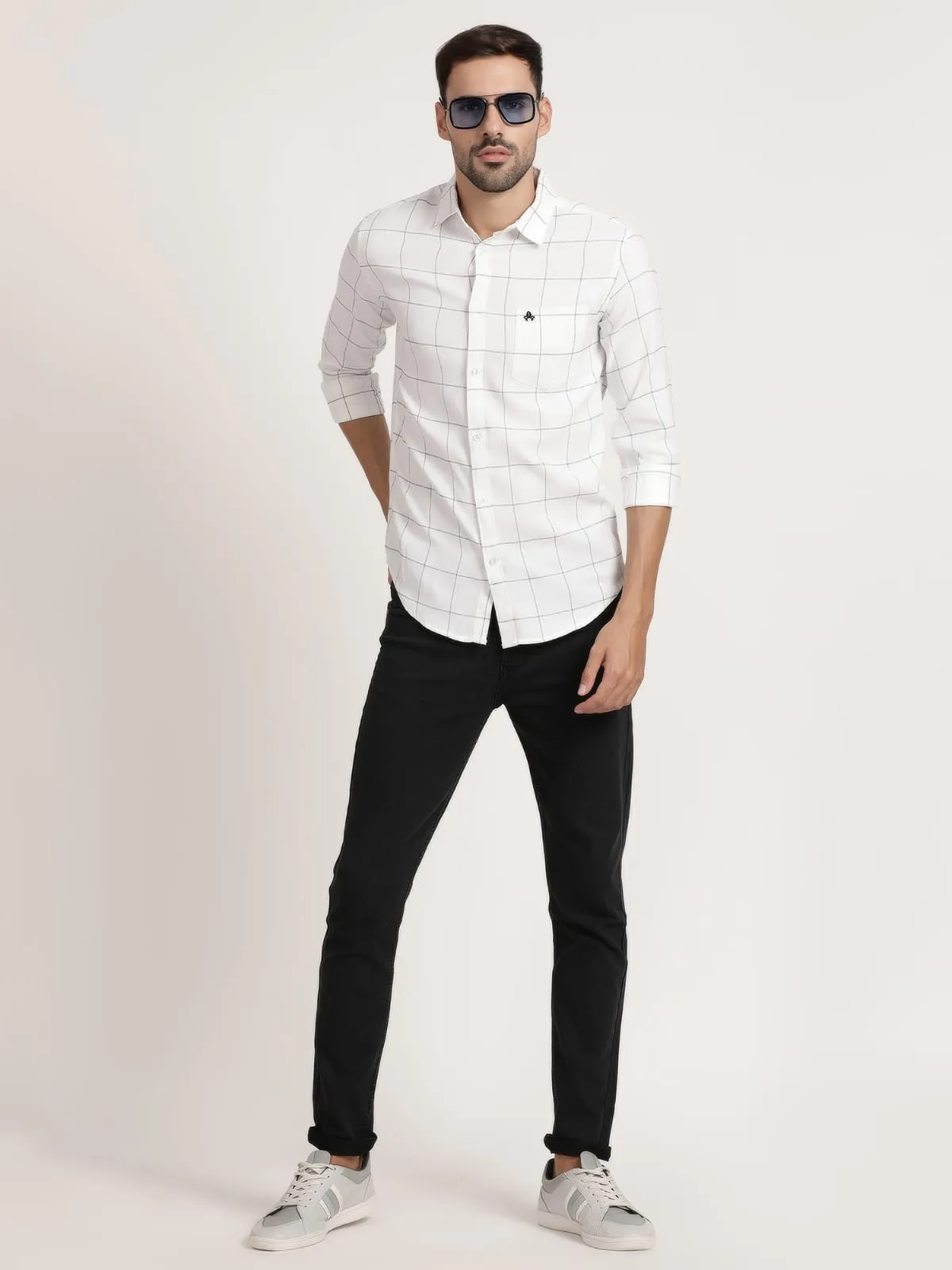 Men White Checked Formal Shirt (GBRJ6003)