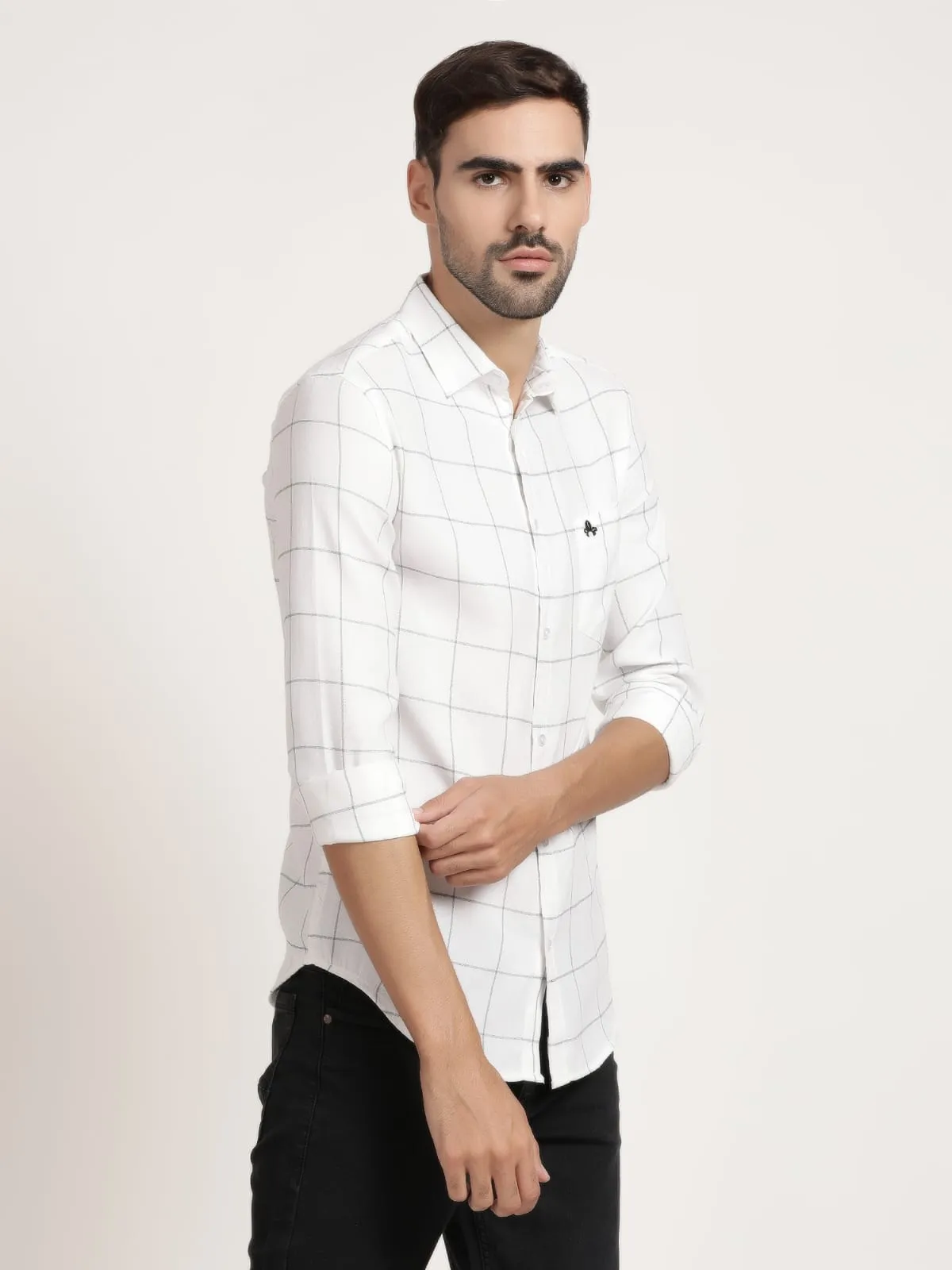 Men White Checked Formal Shirt (GBRJ6003)