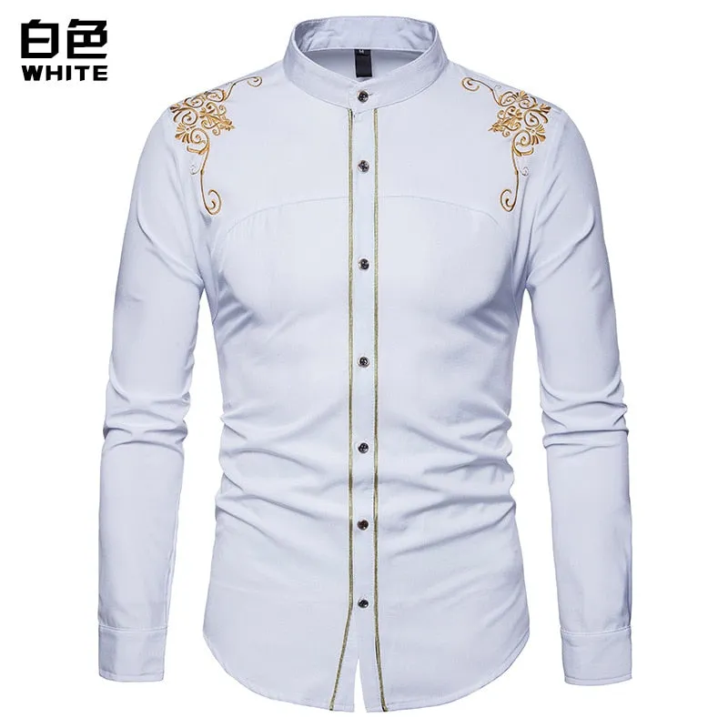 Mens Gold Embroidery Stand Collar Casual Slim Long Sleeve Shirt