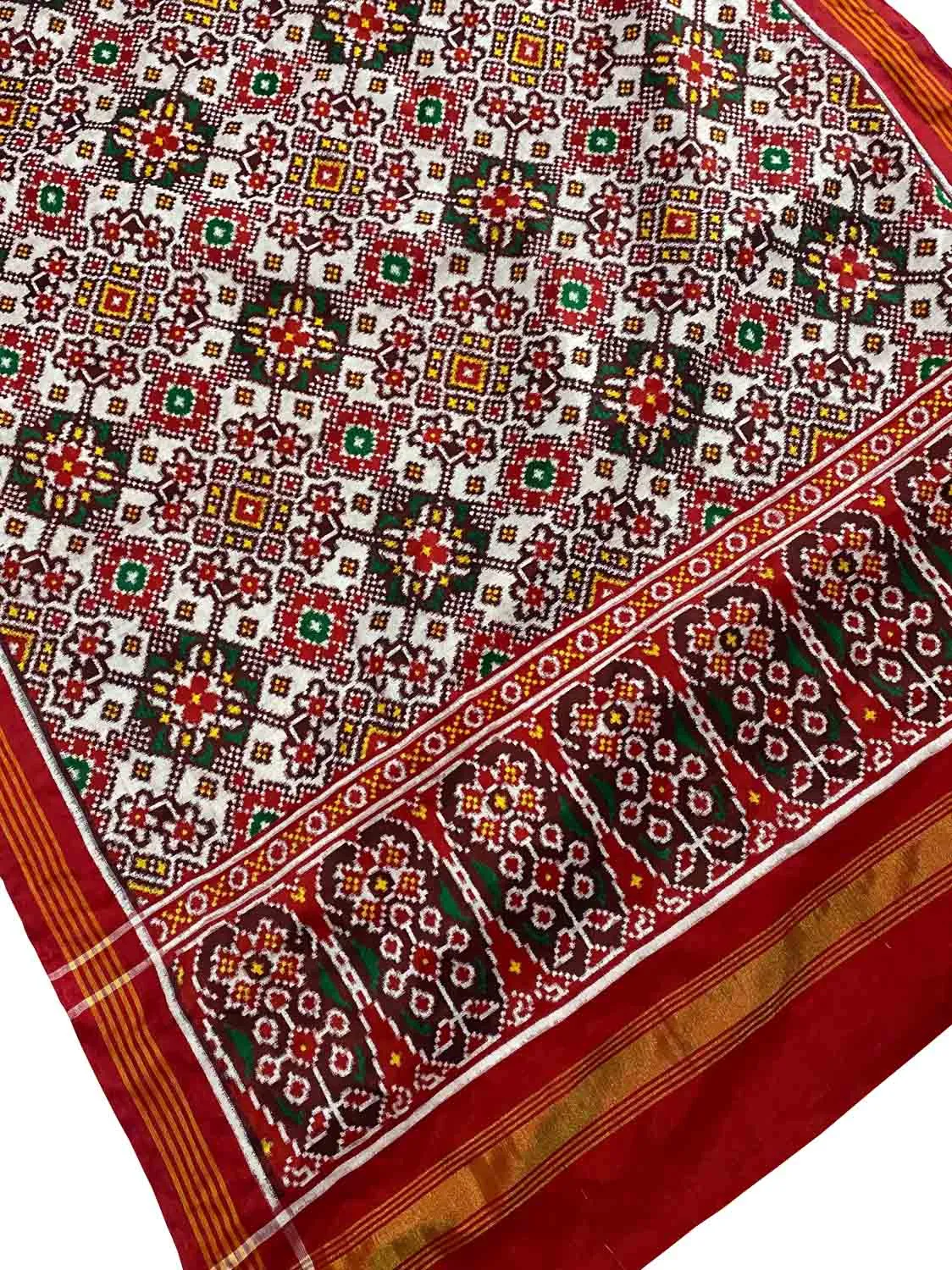 Off White Handloom Double Ikat Patan Patola Pure Silk Dupatta