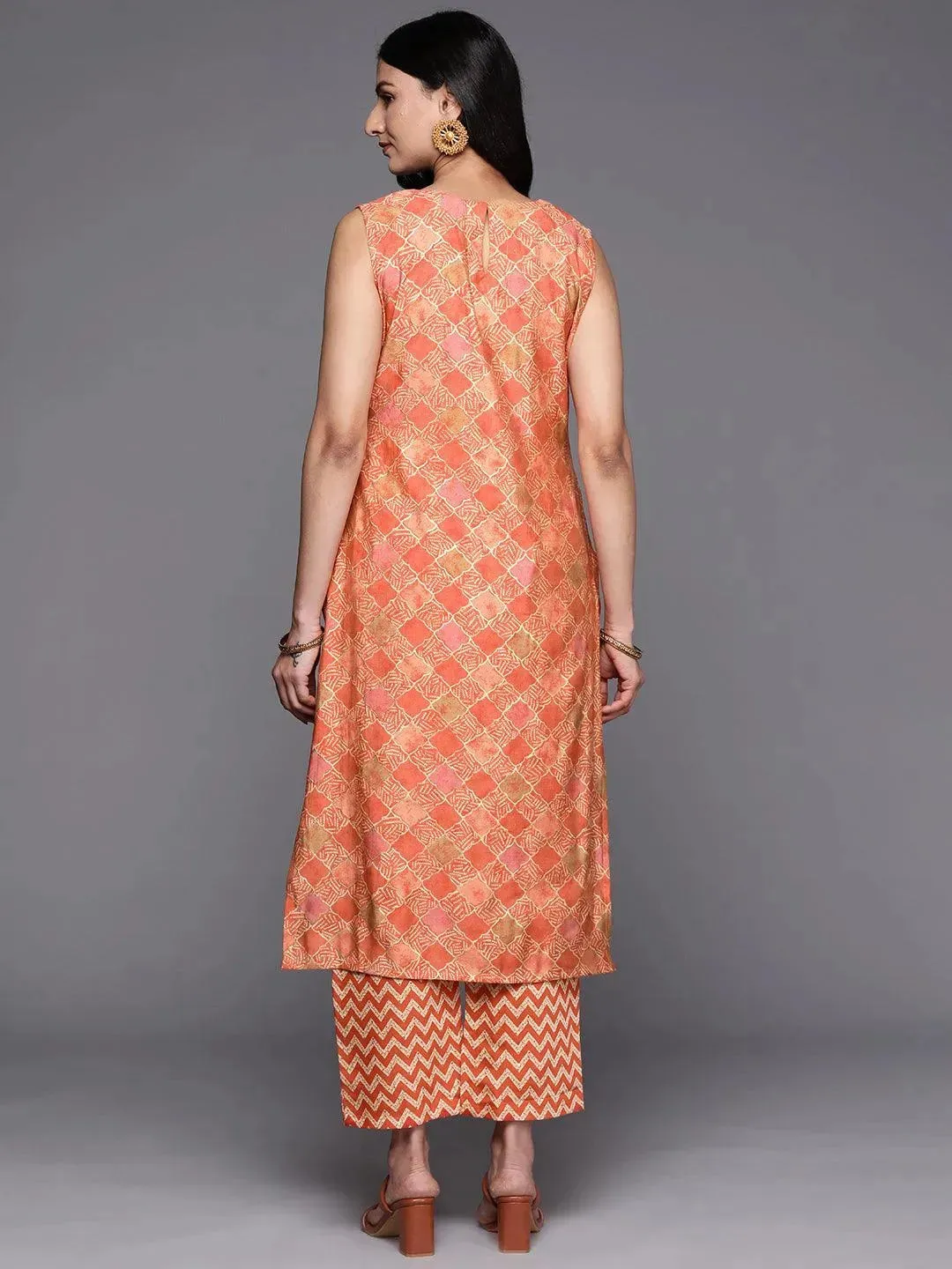 Orange Printed Silk Blend Straight Kurta With Trousers