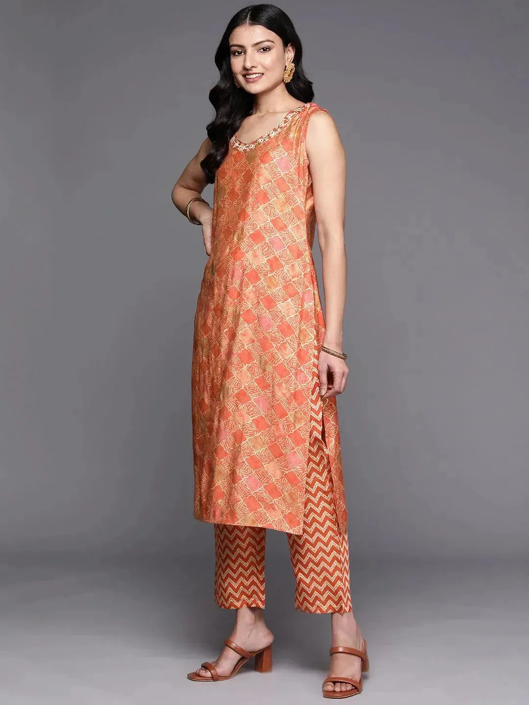 Orange Printed Silk Blend Straight Kurta With Trousers