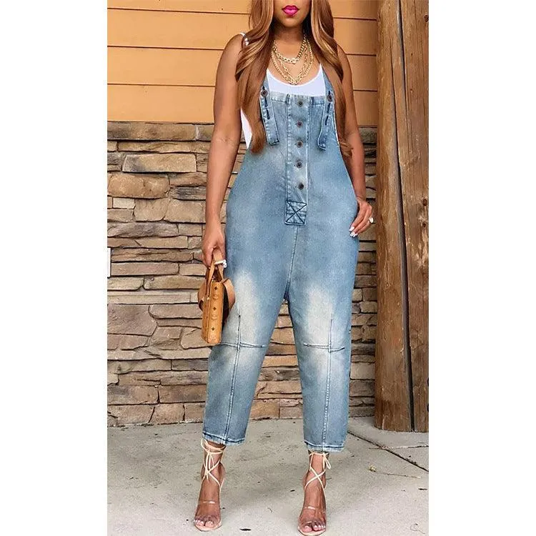 OVERALLS-INSPIRED DENINM JUMPSUIT — 4 SHADES FRAYED