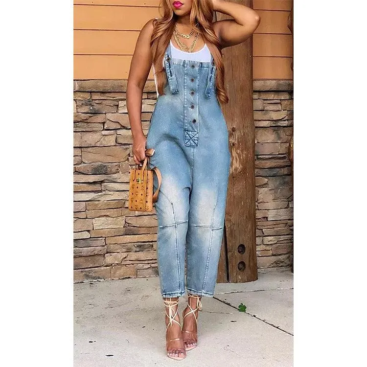 OVERALLS-INSPIRED DENINM JUMPSUIT — 4 SHADES FRAYED