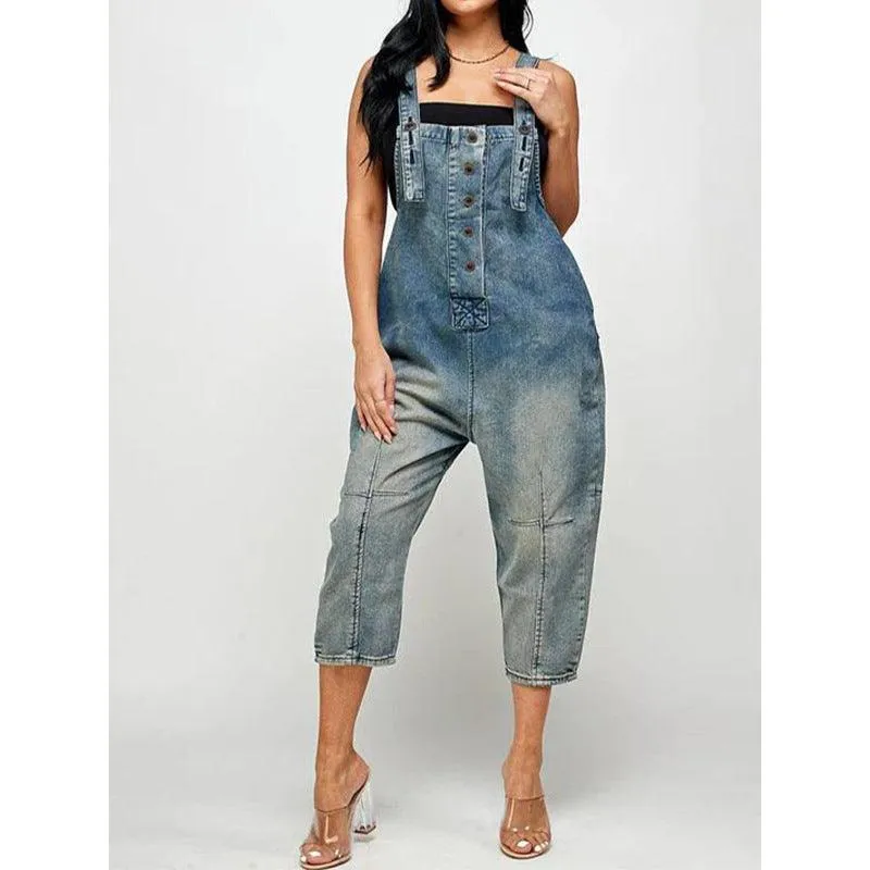 OVERALLS-INSPIRED DENINM JUMPSUIT — 4 SHADES FRAYED
