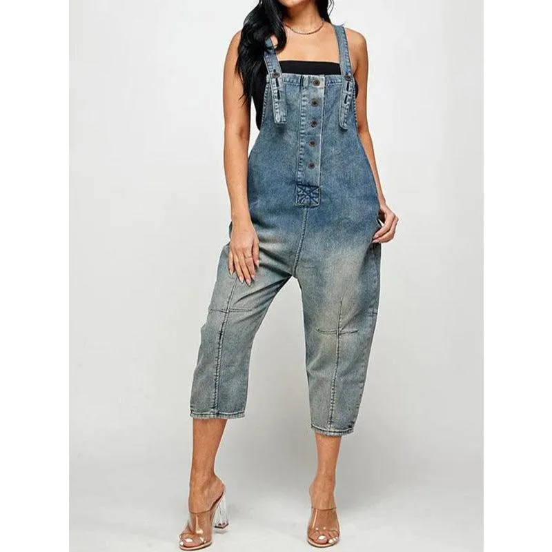 OVERALLS-INSPIRED DENINM JUMPSUIT — 4 SHADES FRAYED