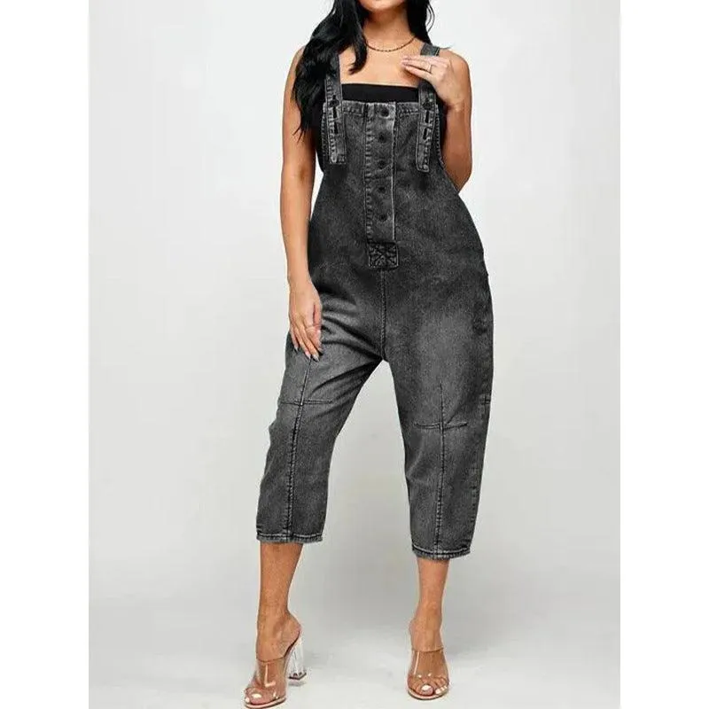 OVERALLS-INSPIRED DENINM JUMPSUIT — 4 SHADES FRAYED