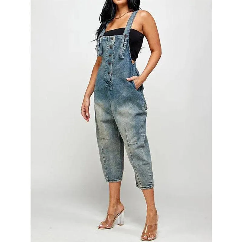 OVERALLS-INSPIRED DENINM JUMPSUIT — 4 SHADES FRAYED