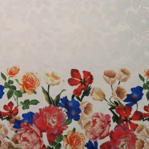 Pink Floral on White Printed Polyester Mikado Fabric