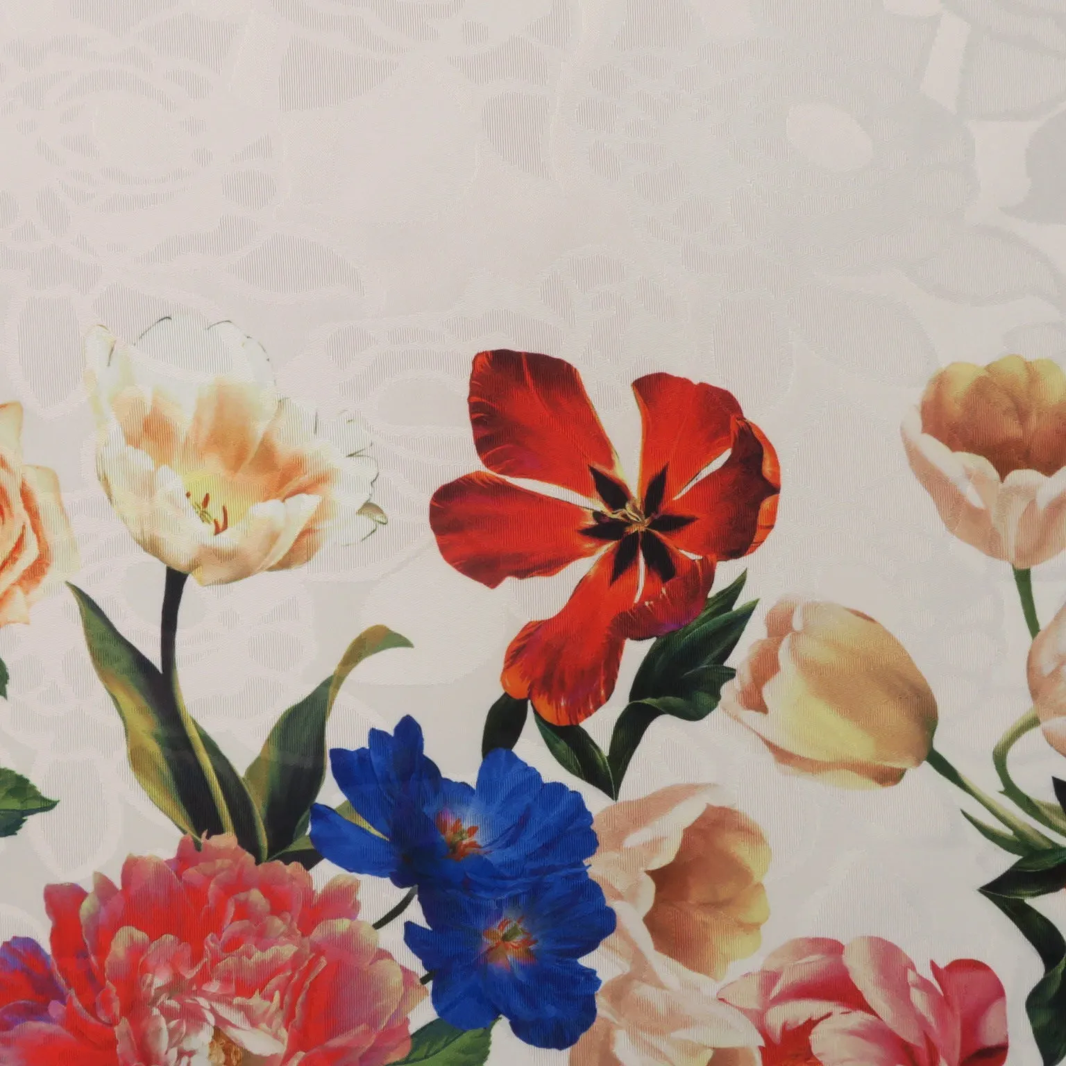Pink Floral on White Printed Polyester Mikado Fabric