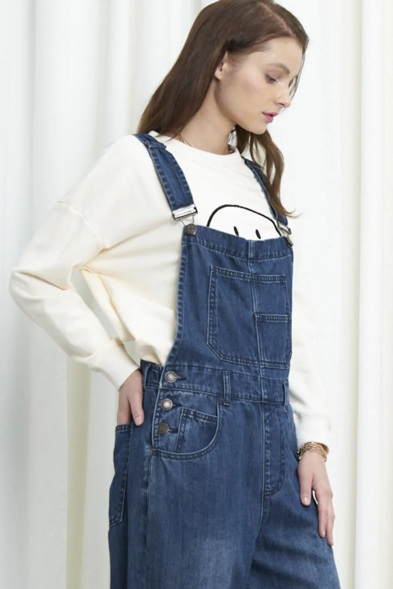 Savanna, women’s, dark denim loose fit overalls