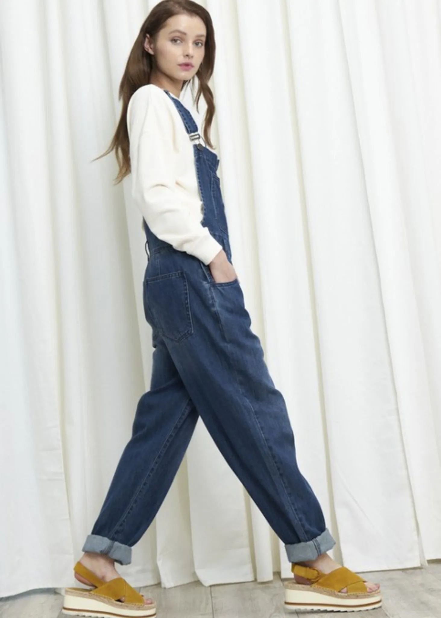 Savanna, women’s, dark denim loose fit overalls