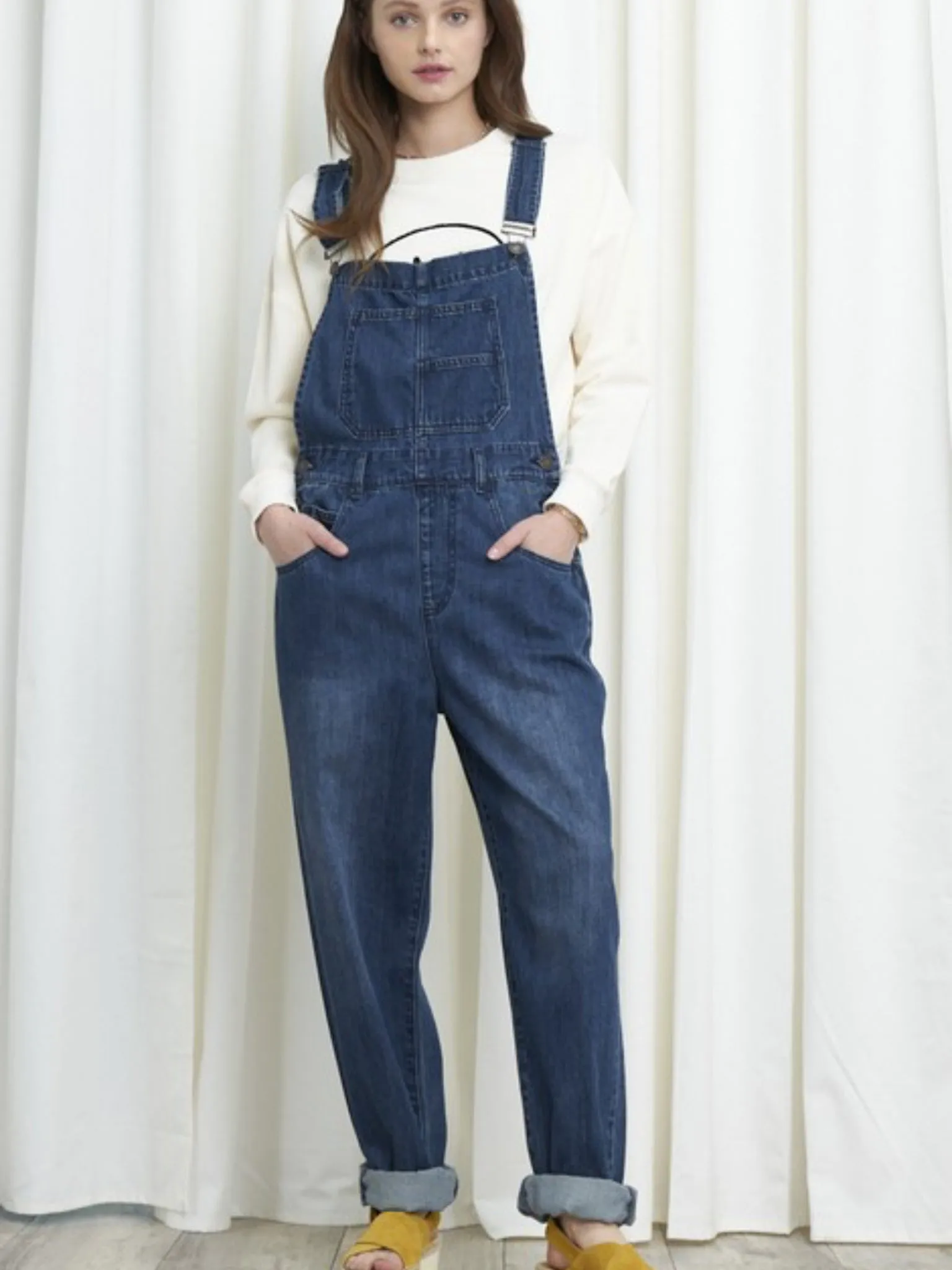 Savanna, women’s, dark denim loose fit overalls