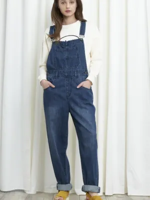 Savanna, women’s, dark denim loose fit overalls