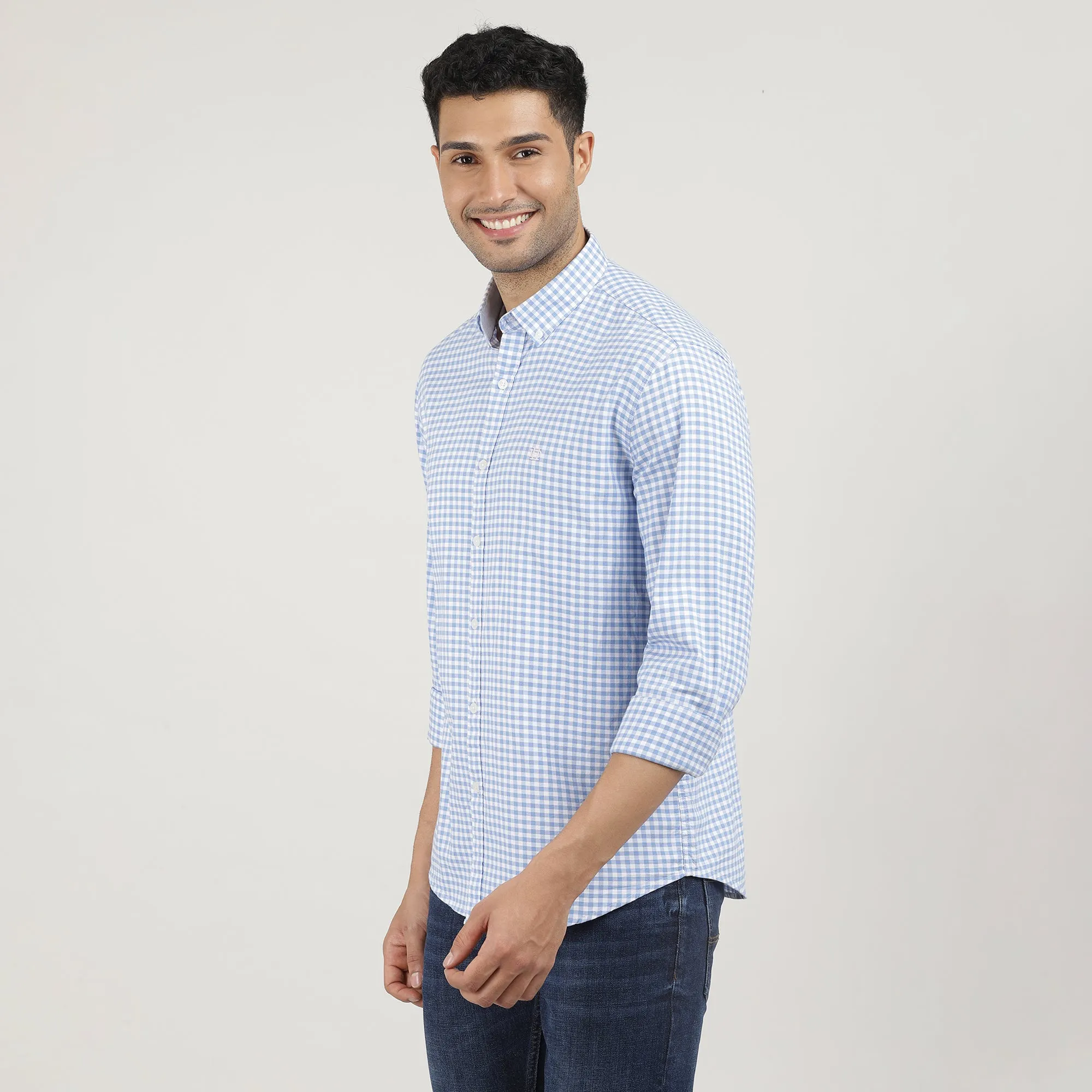Sky Blue Oxford Gingham Checks Shirt With Button Down Collar