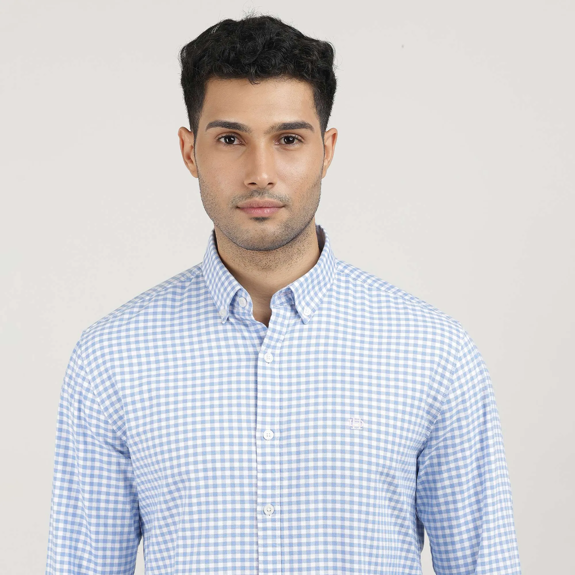 Sky Blue Oxford Gingham Checks Shirt With Button Down Collar