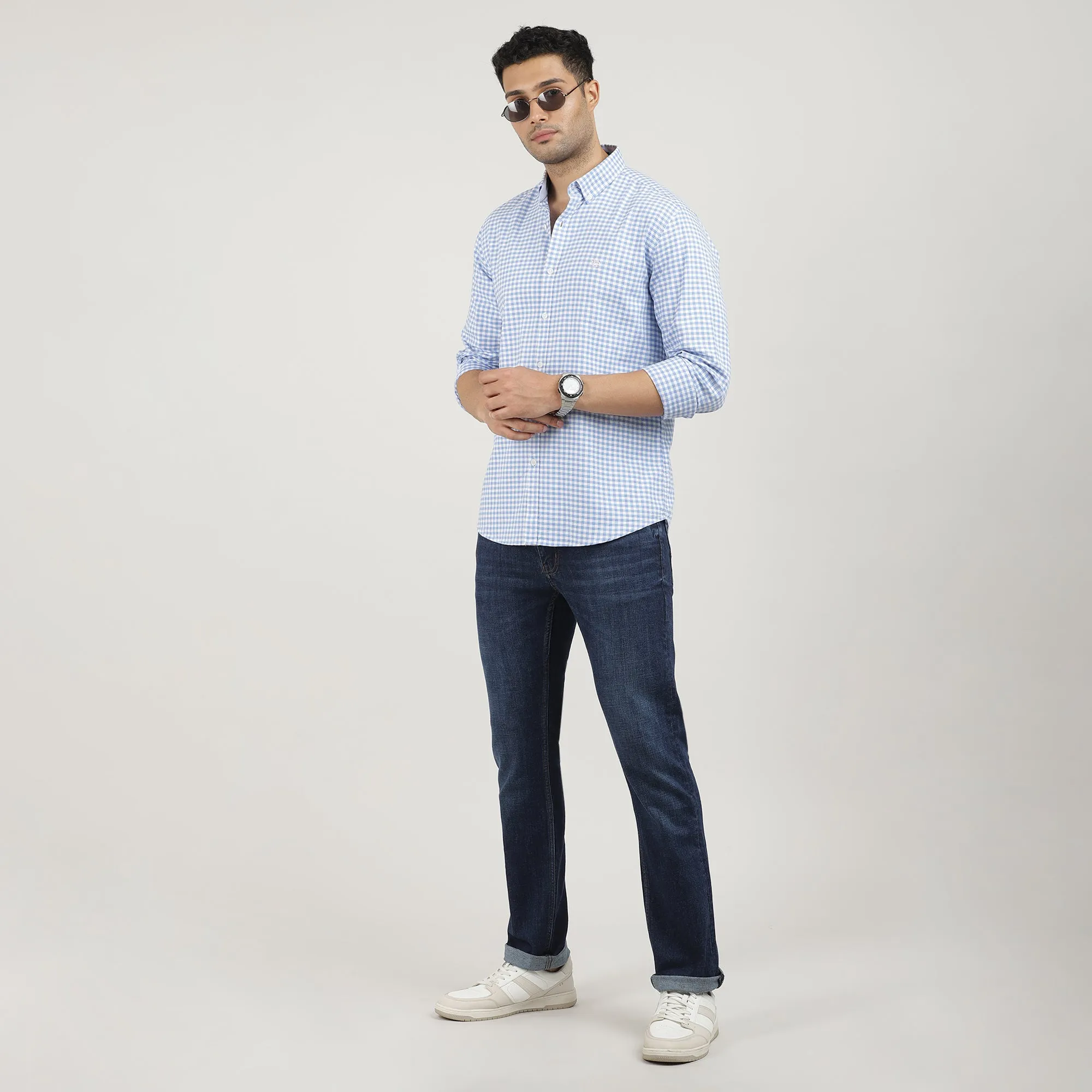 Sky Blue Oxford Gingham Checks Shirt With Button Down Collar