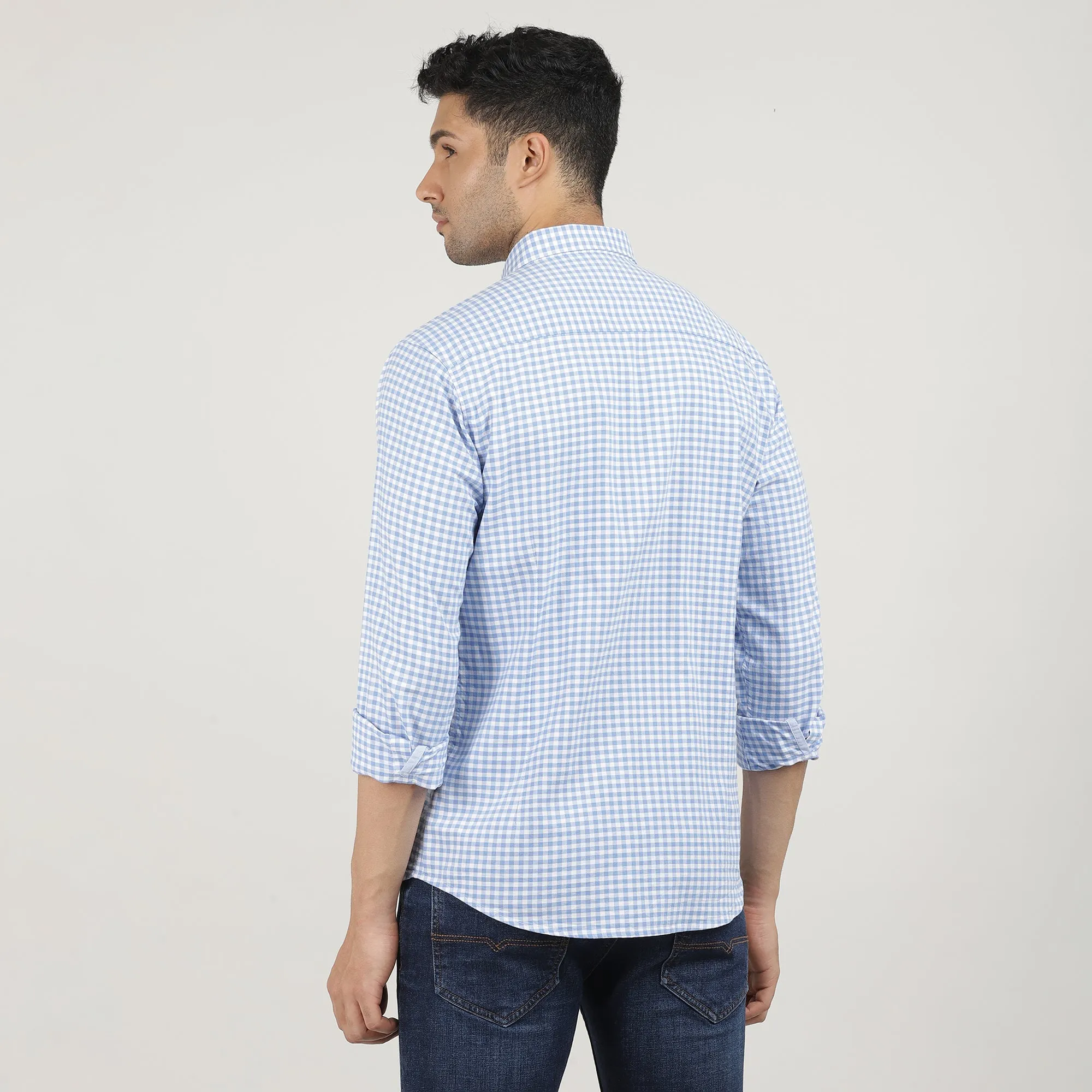 Sky Blue Oxford Gingham Checks Shirt With Button Down Collar