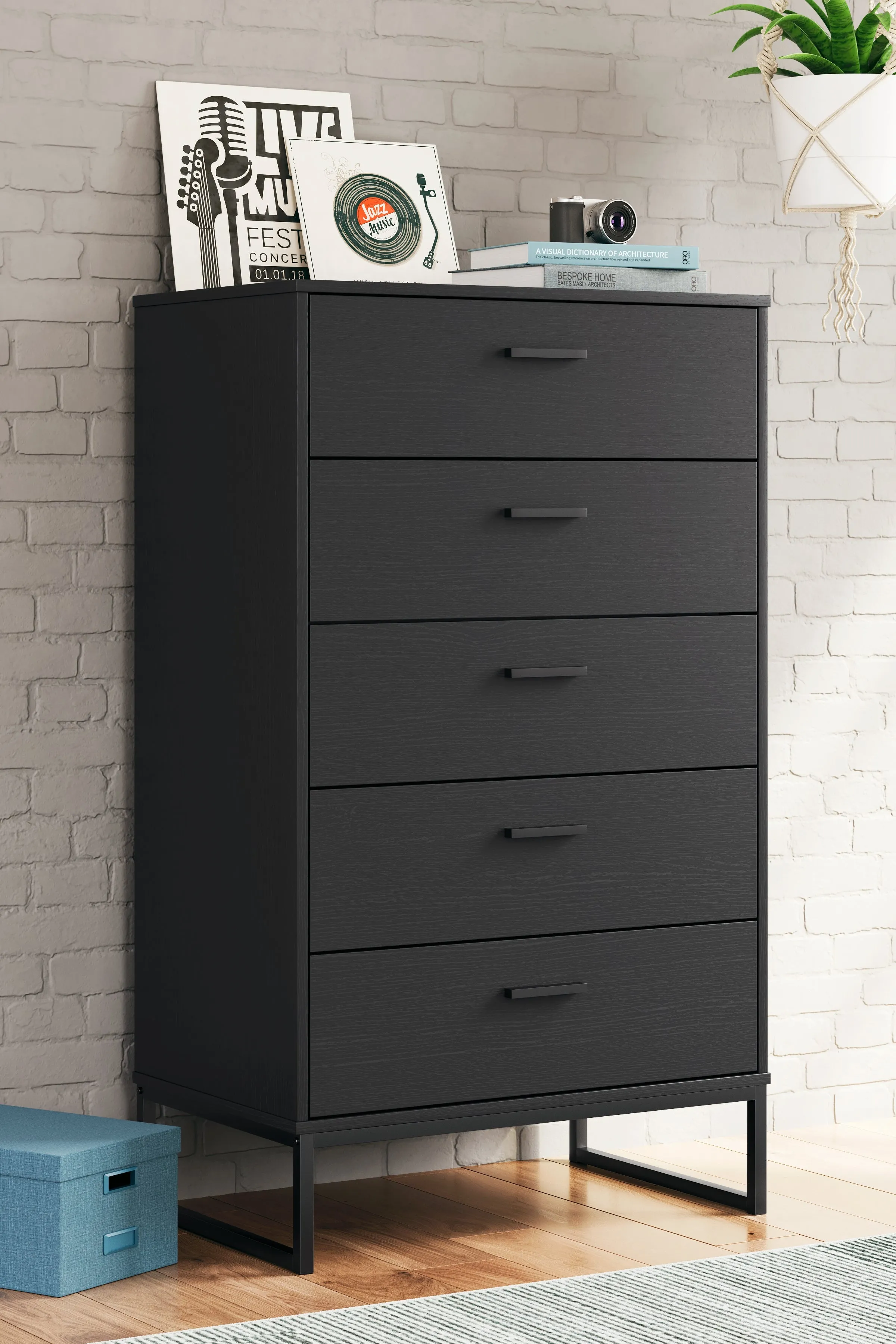 Socalle Twin Panel Headboard with Dresser, Chest and 2 Nightstands in Black