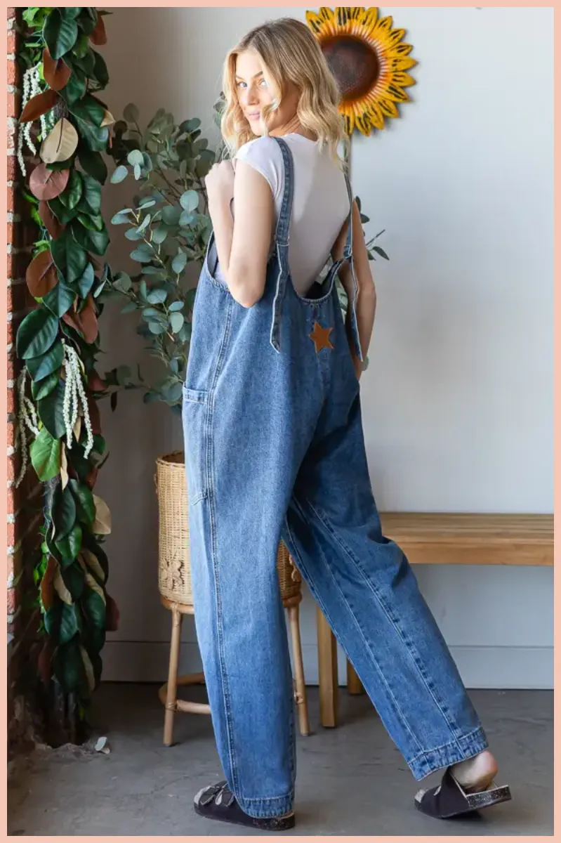 Star Patch Denim Overalls   Belted Straps