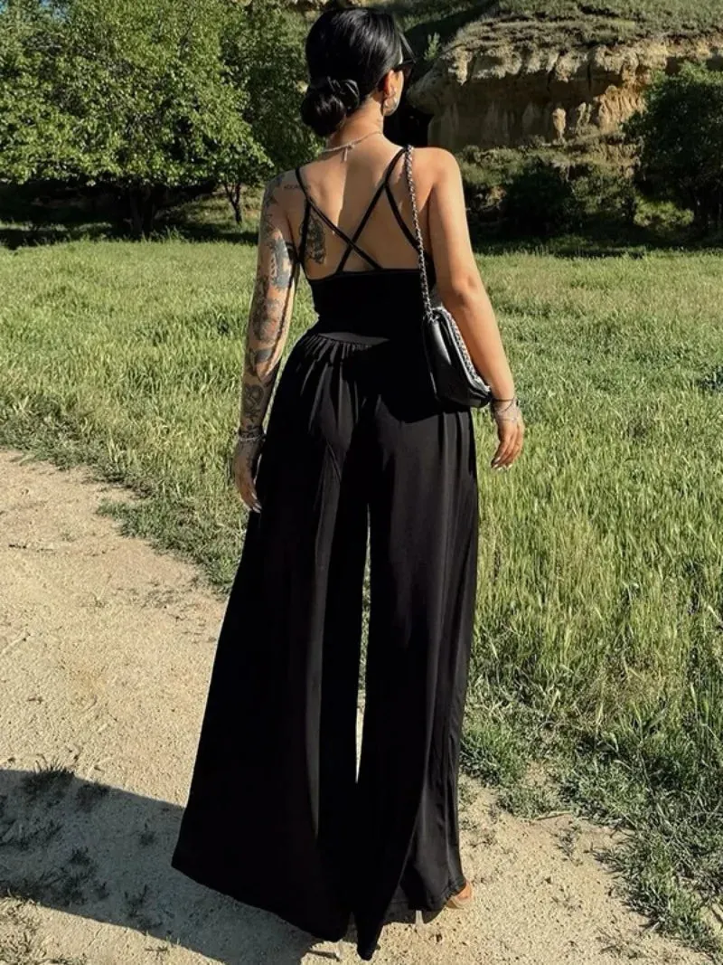 TAVIMART  -  Women's Clothing 2024 Summer Suspender Jumpsuits Streetwear V-neck Sleeveless High Waist Backless Overalls Red Black Streetwear
