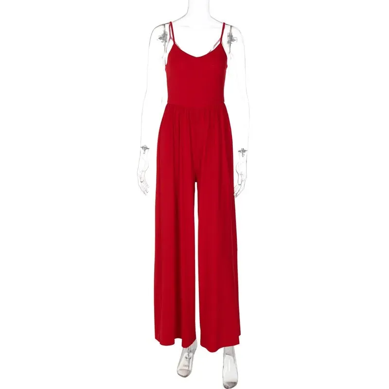 TAVIMART  -  Women's Clothing 2024 Summer Suspender Jumpsuits Streetwear V-neck Sleeveless High Waist Backless Overalls Red Black Streetwear