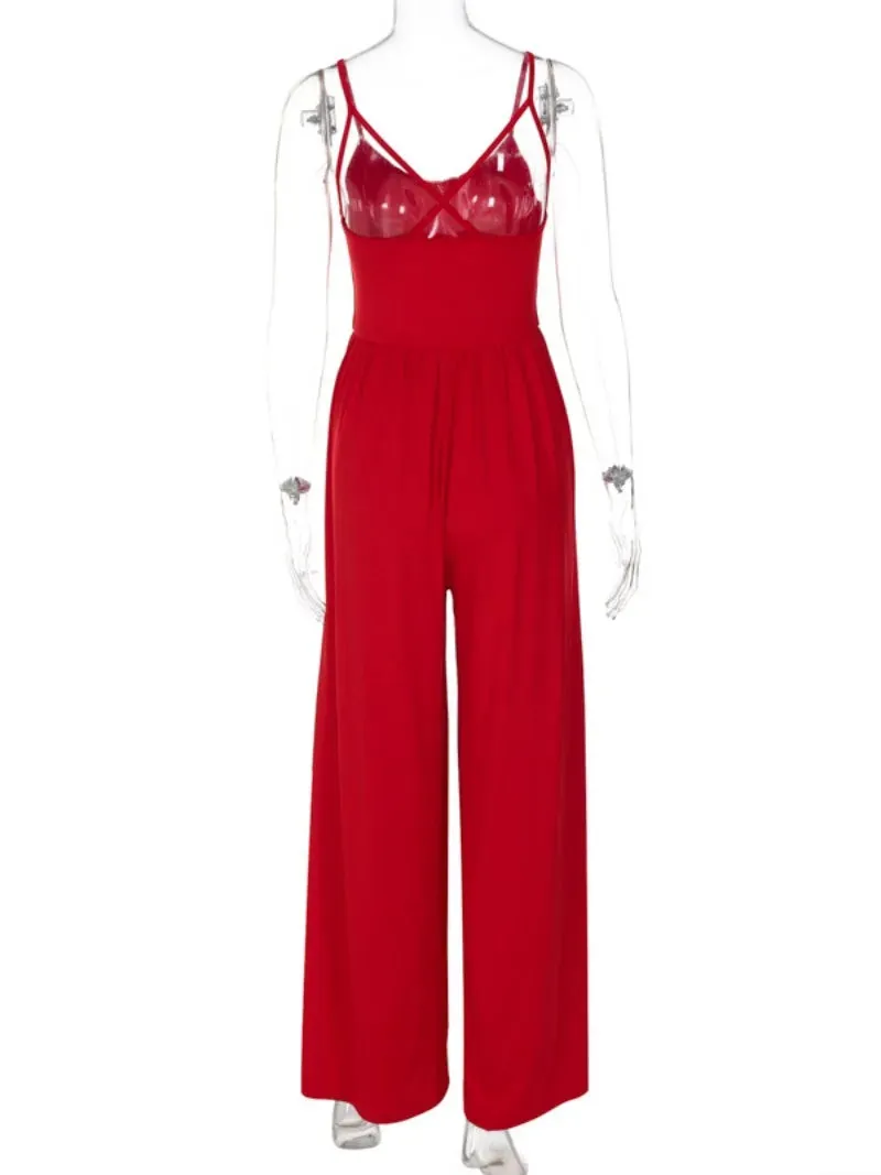 TAVIMART  -  Women's Clothing 2024 Summer Suspender Jumpsuits Streetwear V-neck Sleeveless High Waist Backless Overalls Red Black Streetwear