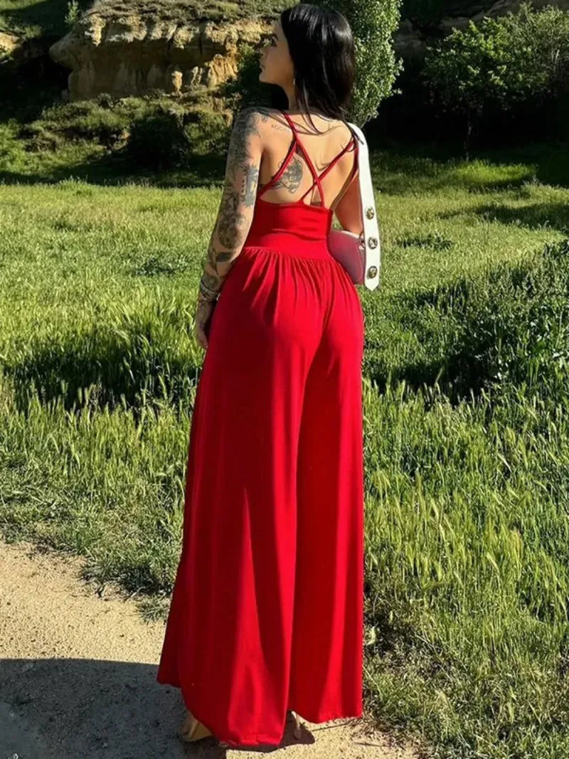 TAVIMART  -  Women's Clothing 2024 Summer Suspender Jumpsuits Streetwear V-neck Sleeveless High Waist Backless Overalls Red Black Streetwear