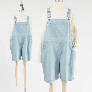 Vintage 90s Floral Denim Overalls Boho Shorts Jumper Jean Shortalls size Large