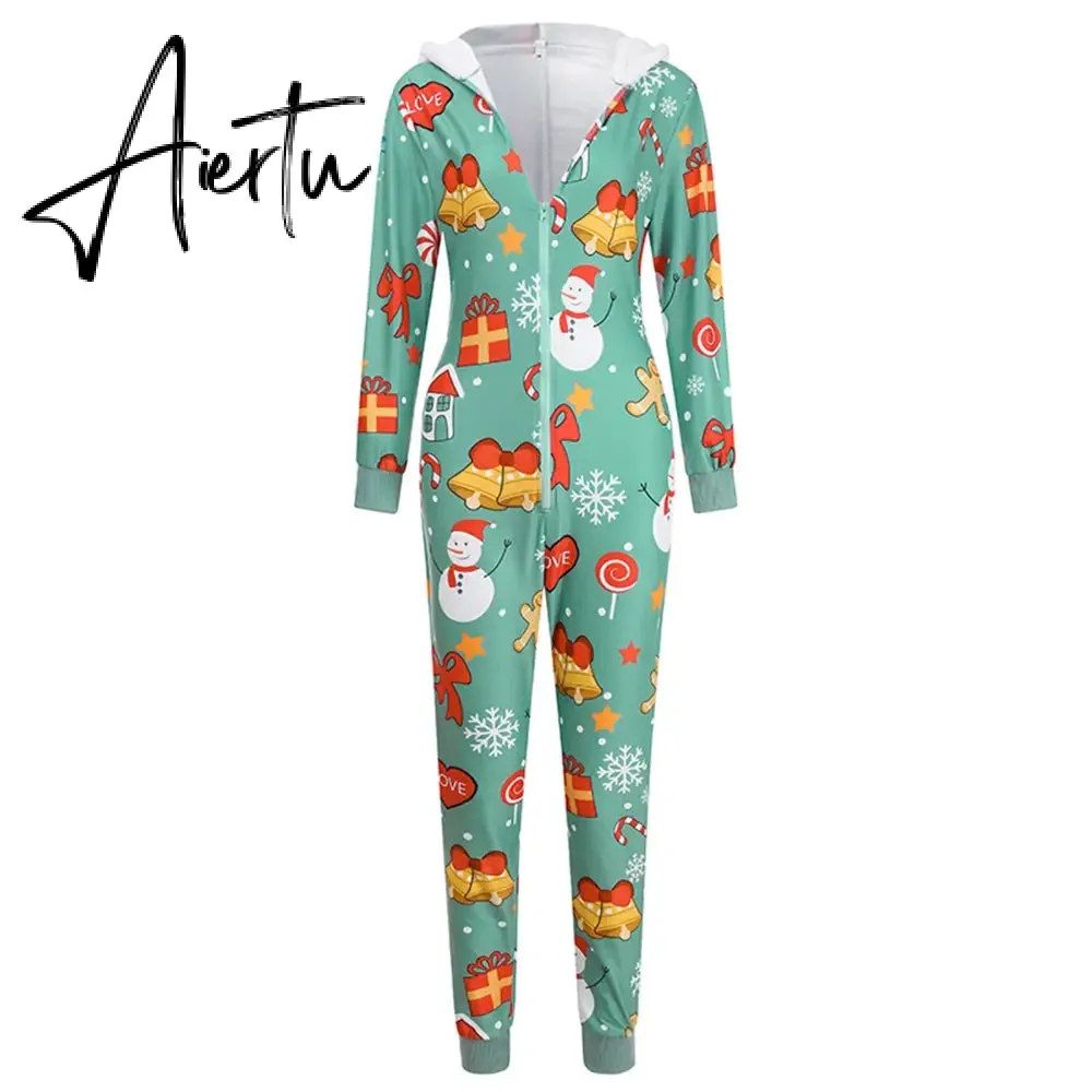 Women Christmas Printed Pattern Jumpsuit Long Sleeve Zipper Closure Hooded Overalls Winter Sleep Home Wear Clothes Red/ Green