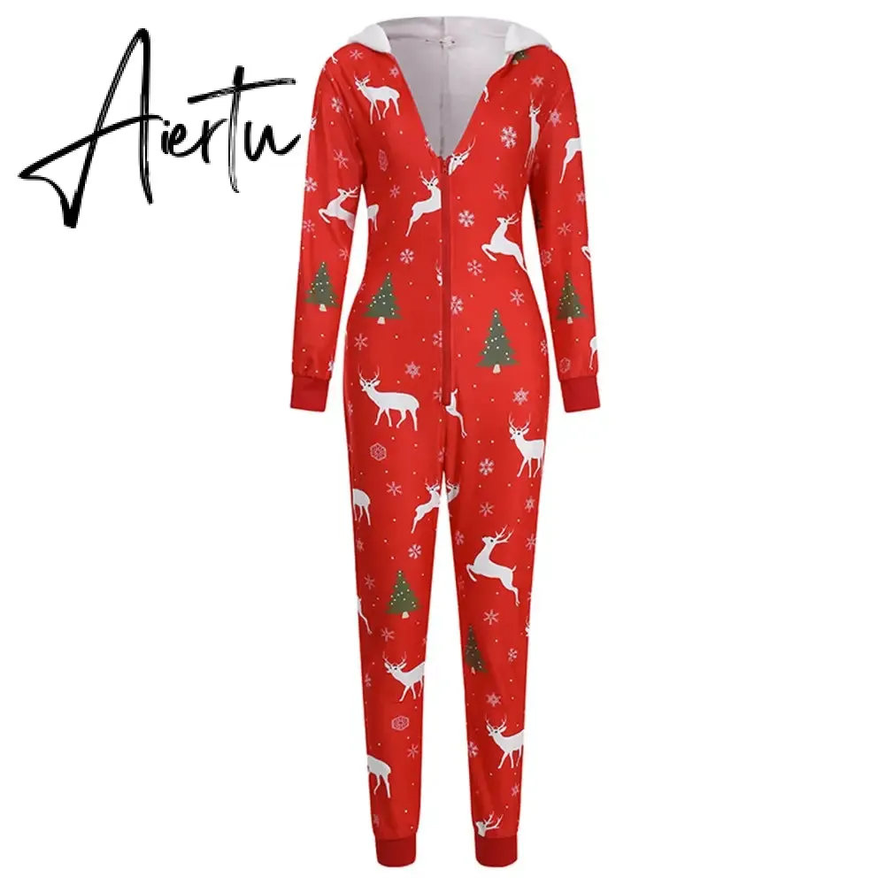 Women Christmas Printed Pattern Jumpsuit Long Sleeve Zipper Closure Hooded Overalls Winter Sleep Home Wear Clothes Red/ Green