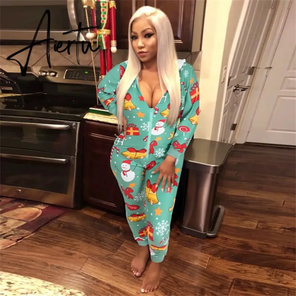 Women Christmas Printed Pattern Jumpsuit Long Sleeve Zipper Closure Hooded Overalls Winter Sleep Home Wear Clothes Red/ Green