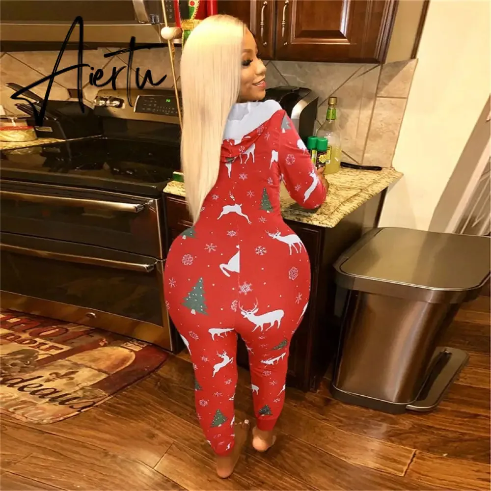 Women Christmas Printed Pattern Jumpsuit Long Sleeve Zipper Closure Hooded Overalls Winter Sleep Home Wear Clothes Red/ Green
